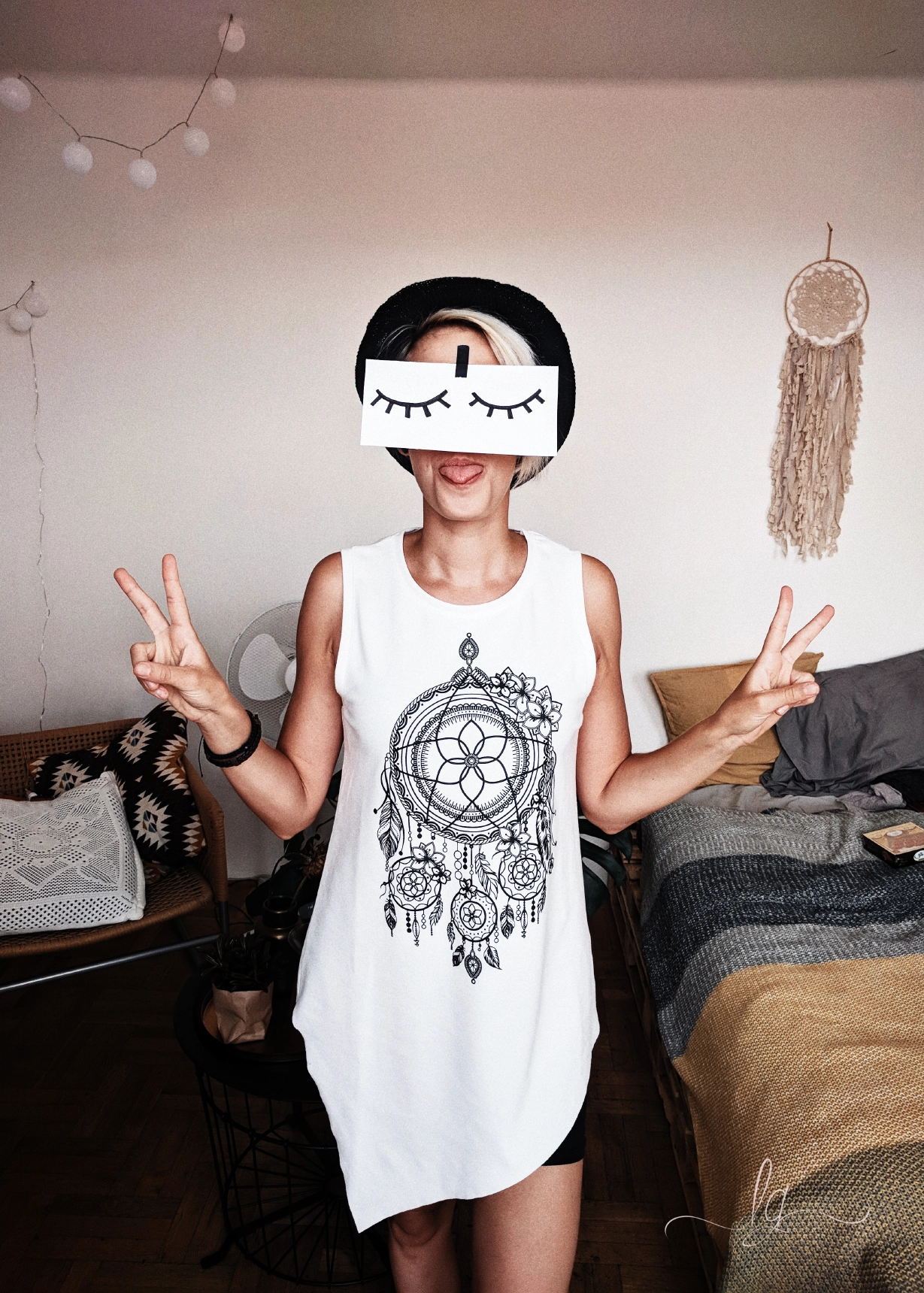 Lucy paper closed eyes peace sign mandala